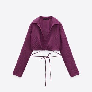 NWT Zara purple & black houndstooth V-neck blouse top, XL